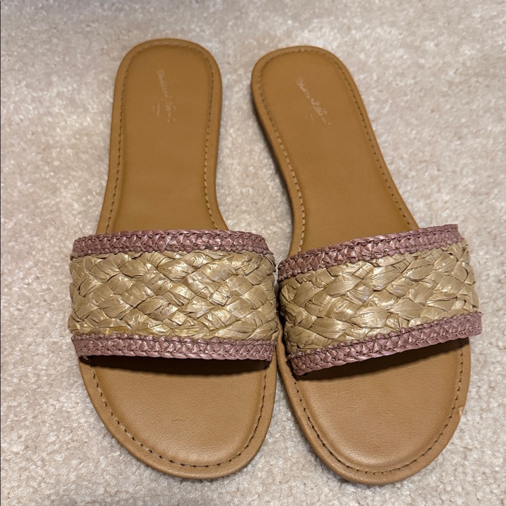 Women's Tan and Gold Woven Slide Sandals